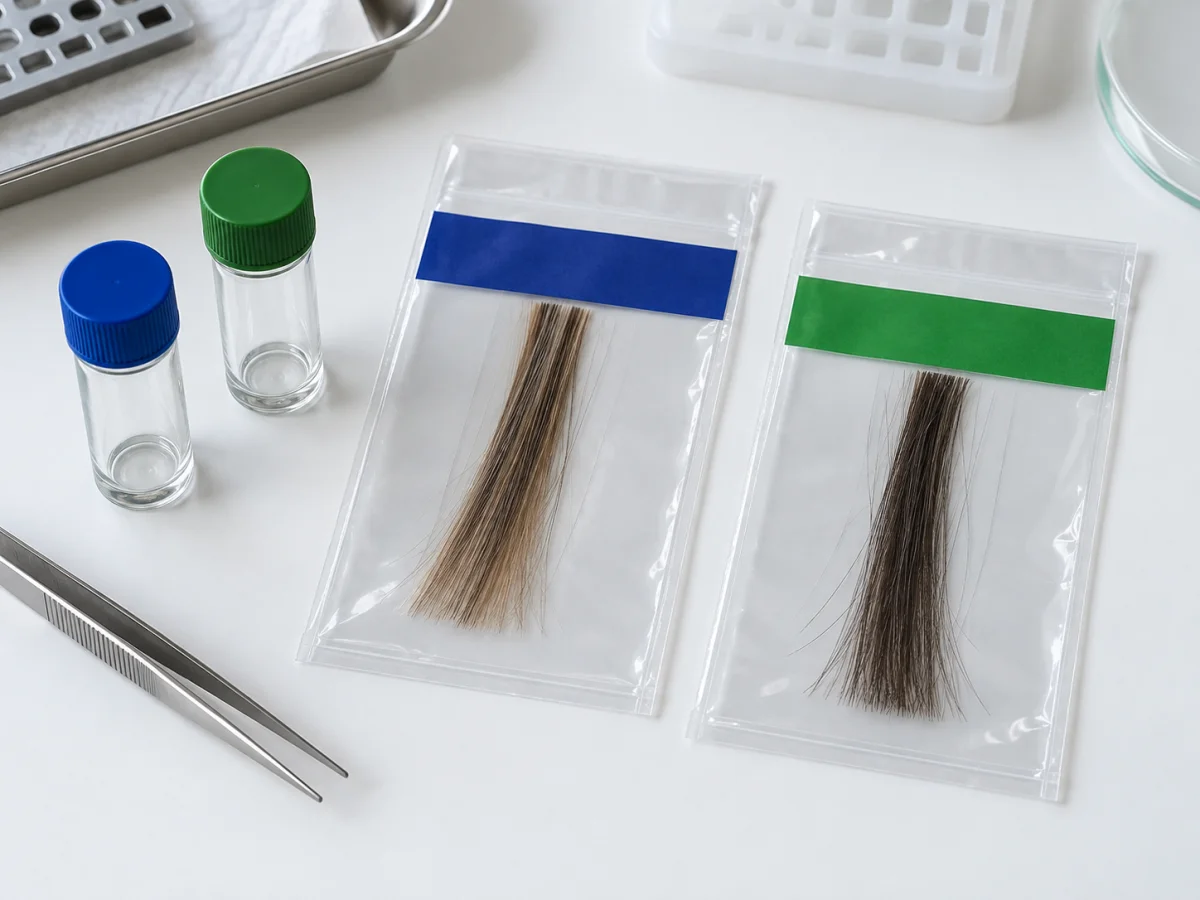 Zwei getrennt vorbereitete Haarproben für eine kombinierte Laboranalyse