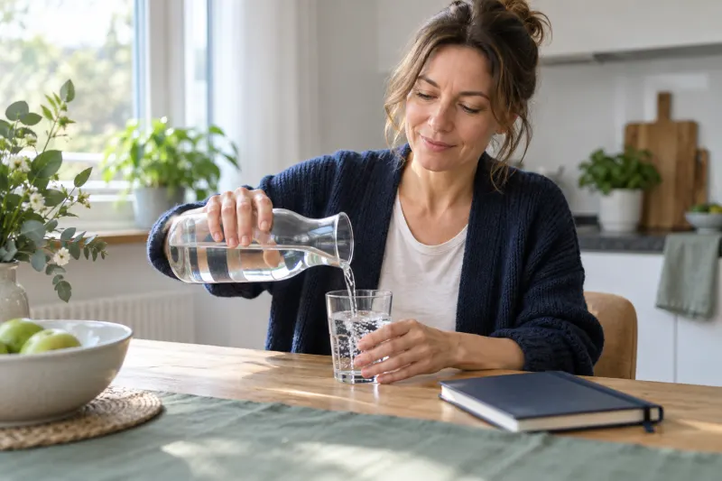 Frau gießt bei der Planung ihres abstinenten Alltags ein Glas Wasser ein
