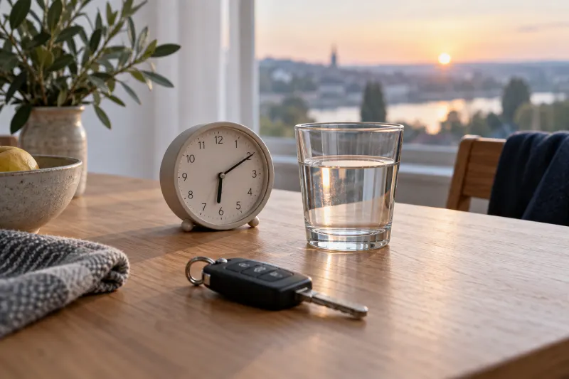 Analoge Uhr neben Wasserglas und unbenutztem Autoschlüssel