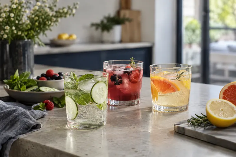 Drei alkoholfreie Getränke mit Gurke, Beeren und Zitrusfrüchten