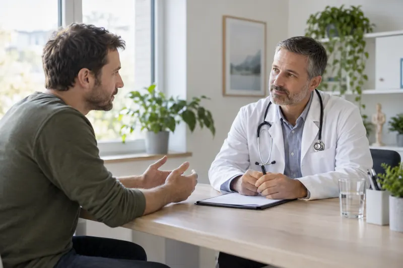 Mann und behandelnder Arzt besprechen den weiteren Therapieplan