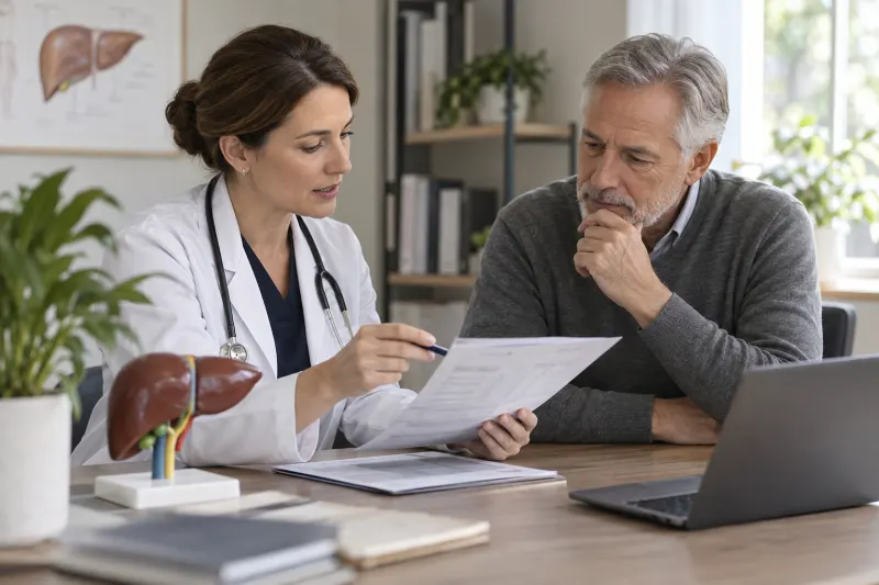 Ärztin erklärt einem Patienten dessen Laborbefund