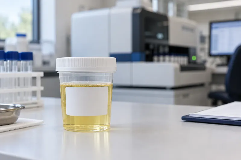 Verschlossener Urinprobenbecher im Labor zur Untersuchung auf Alkoholmarker