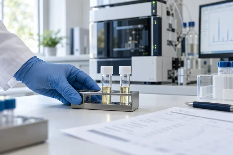 Zwei geschlossene Probenröhrchen in einem Laborständer neben einem Befundblatt