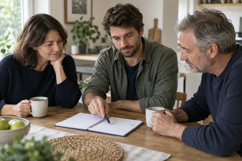 Drei erwachsene Familienmitglieder besprechen ihre Alltagsplanung am Tisch
