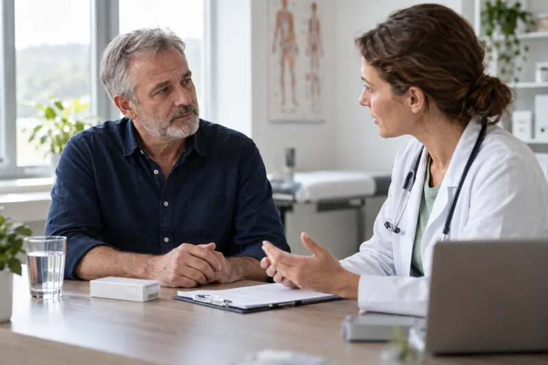 Ärztin bespricht eine Schmerzbehandlung mit einem älteren Patienten