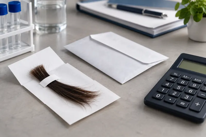 Haarprobe, Probenumschlag und Taschenrechner auf einem Tisch