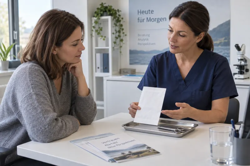 Fachkraft erklärt einer Frau das Probenmaterial für eine Haarentnahme
