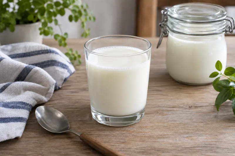Trinkbarer Milchkefir in einem Glas neben einem verschlossenen Glasgefäß