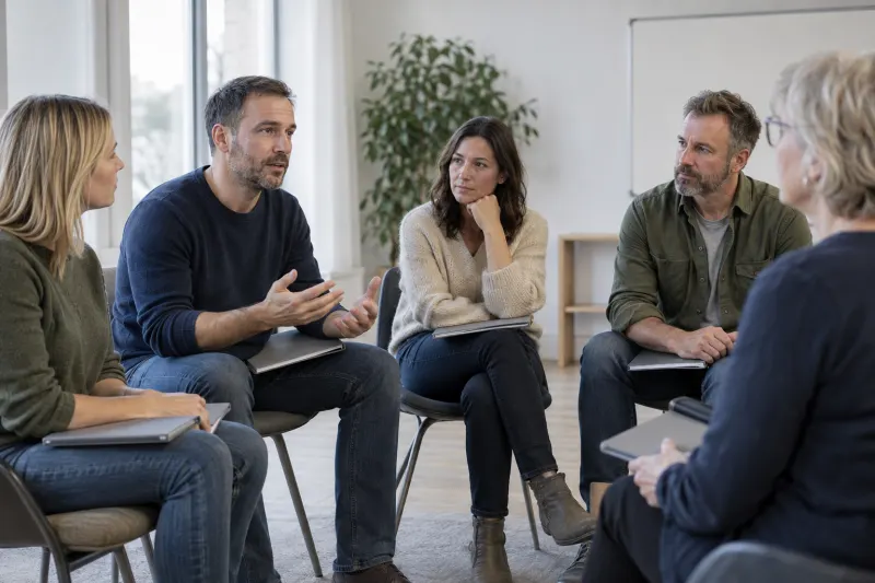 Erwachsene besprechen ihre Erfahrungen in einer kleinen moderierten Kursgruppe