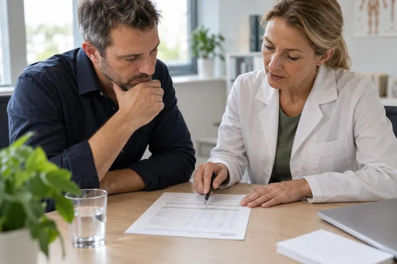 Ein Laborbefund wird gemeinsam mit einer Ärztin besprochen