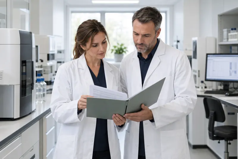 Zwei Laborfachkräfte besprechen Unterlagen zur Qualitätssicherung