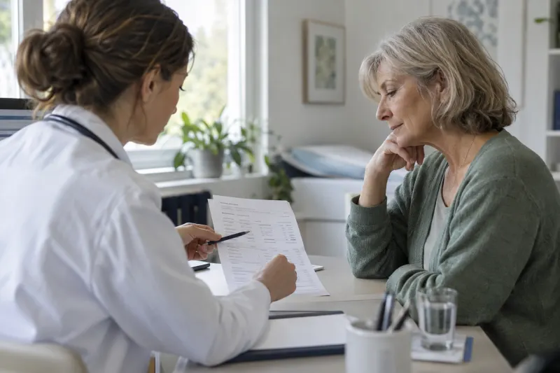 Ärztin erklärt einer Patientin die Angaben eines Laborberichts