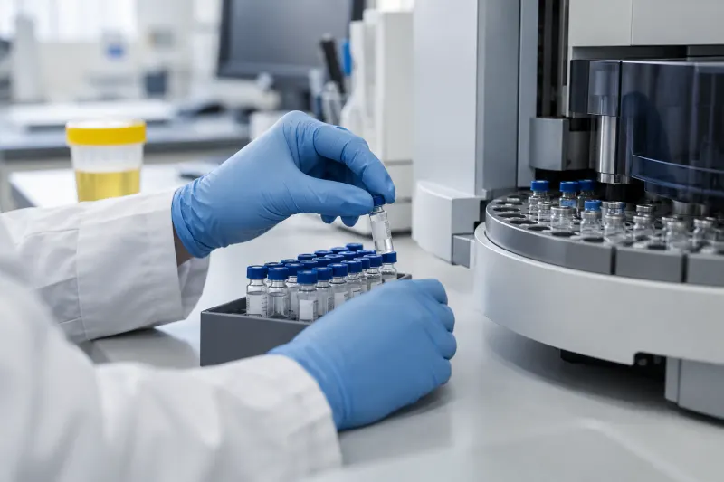 Laborfachkraft prüft verschlossene Proben für eine spezifische Analyse