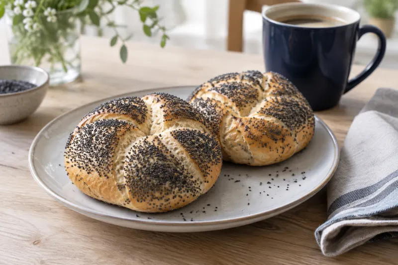 Mohnbrötchen auf einem Frühstücksteller neben einer Tasse