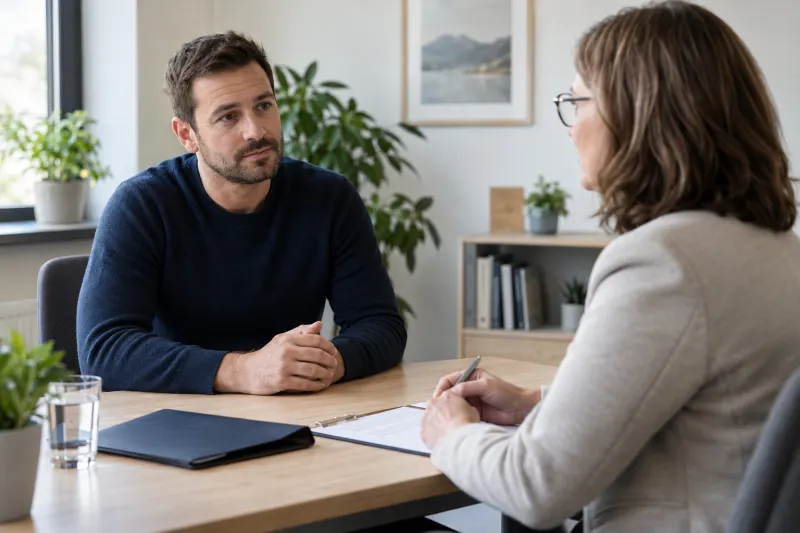 Mann im persönlichen Gespräch mit einer Psychologin