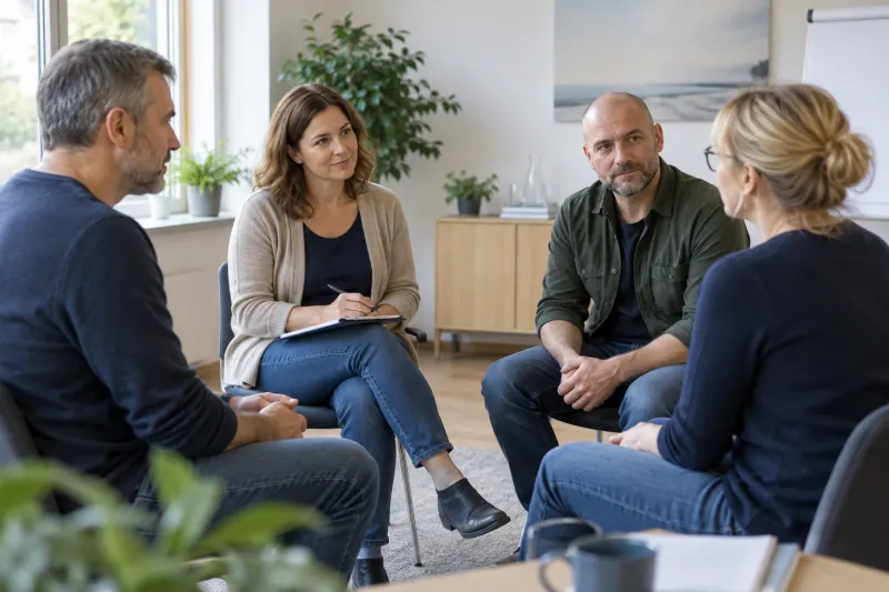 Kleine Gesprächsrunde in einem hellen Seminarraum