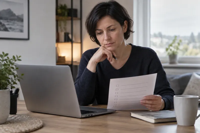 Frau prüft ein Online-Angebot kritisch am Laptop
