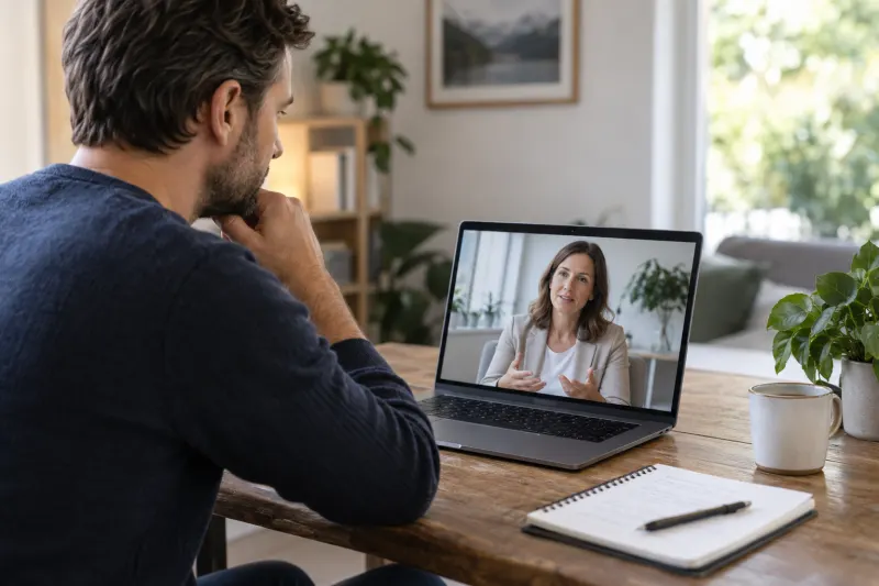 Mann nimmt zu Hause an einer Videoberatung zur MPU-Vorbereitung teil