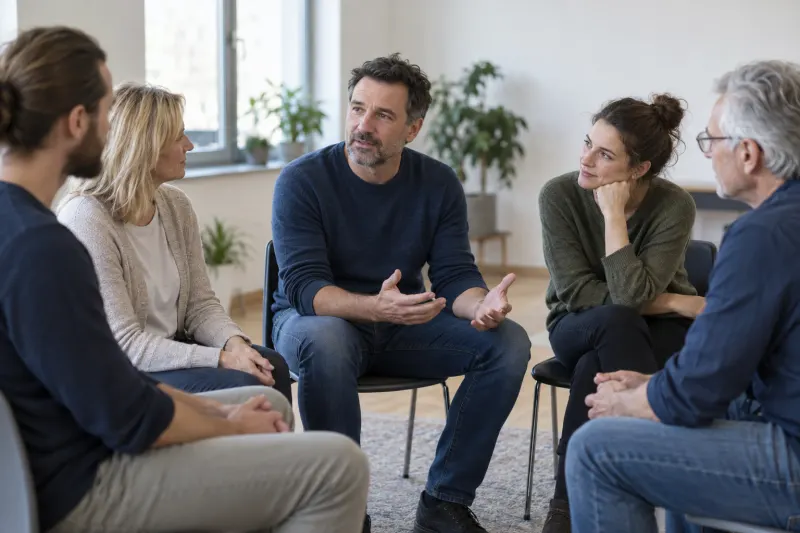 Erwachsene tauschen sich in einem kleinen Gesprächskreis aus