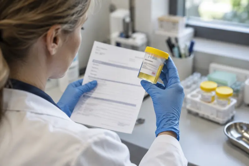 Labormitarbeiterin vergleicht eine verschlossene Urinprobe mit dem Auftrag