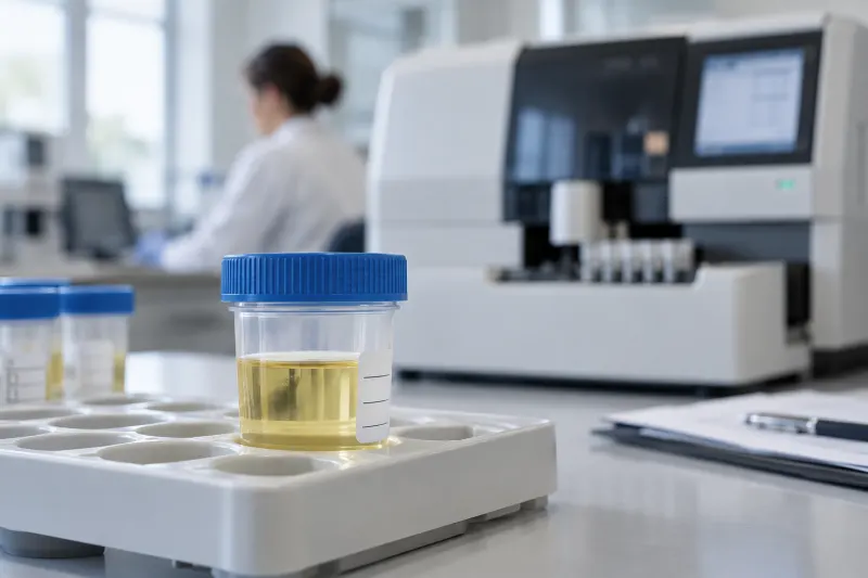 Geschlossene Urinprobe in einem Laborständer neben einem Analysegerät