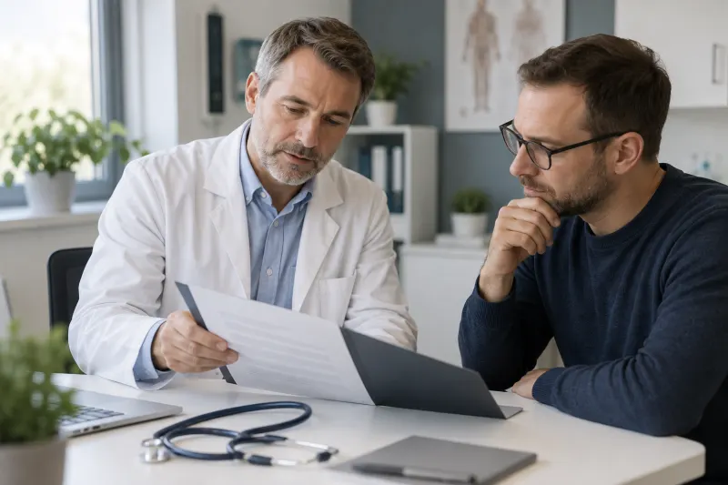 Arzt bespricht mit einem erwachsenen Patienten Unterlagen zur Untersuchung